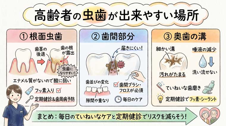 高齢者の虫歯が出来やすい場所の図解