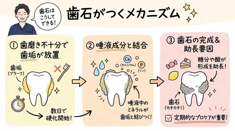 歯石がつくメカニズムの図解