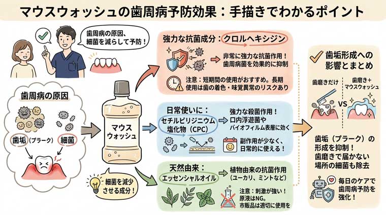 マウスウォッシュの歯周病予防効果の図解