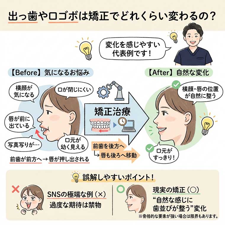 出っ歯や口ゴボは矯正でどれくらい変わるの？の図解