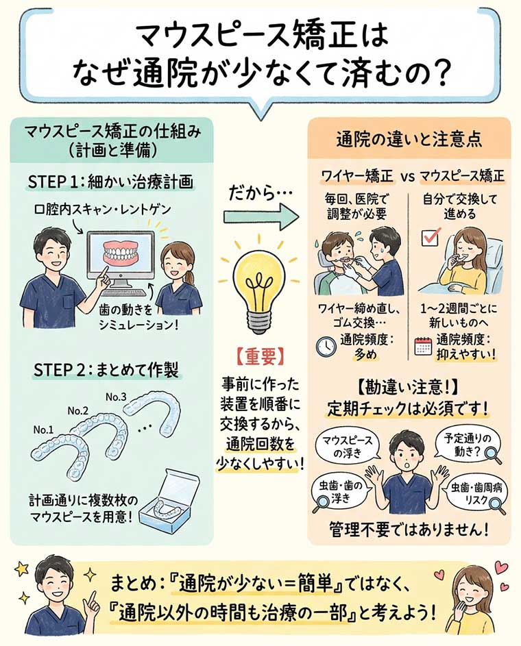 マウスピース矯正はなぜ通院が少なくて済むの？の図解