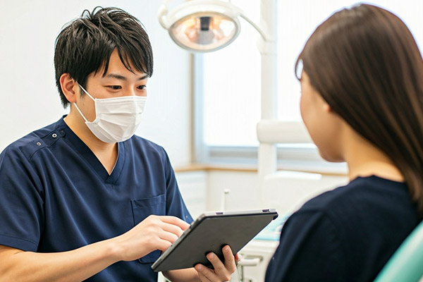 タブレットで説明する歯科医師